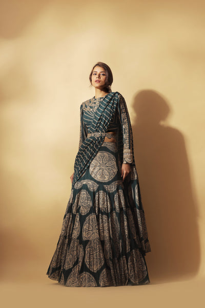 Teal Green and Gold Ambi Circle Print Pleated Saree with Embroidered Nukta Print Blouse & Belt