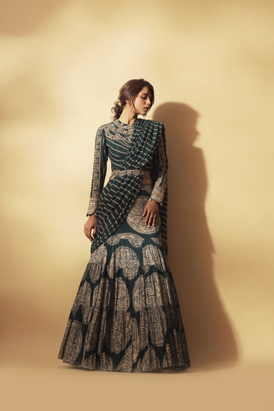 Teal Green and Gold Ambi Circle Print Pleated Saree with Embroidered Nukta Print Blouse & Belt