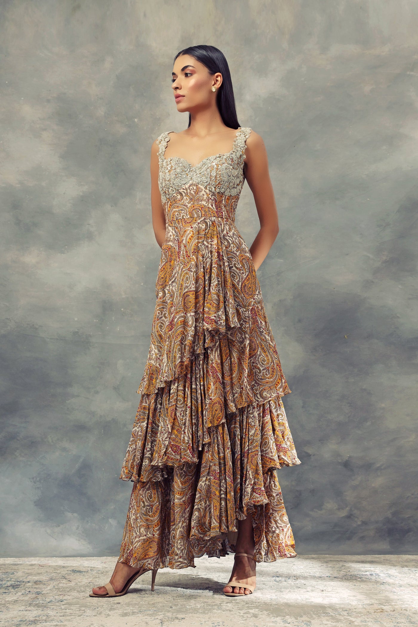 Ambi Jaal Print Rufflle Dress With Embroidered Yoke - BHUMIKA SHARMA