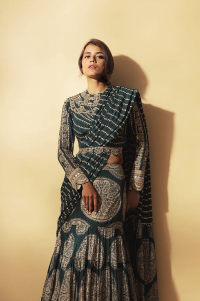 Teal Green and Gold Ambi Circle Print Pleated Saree with Embroidered Nukta Print Blouse & Belt