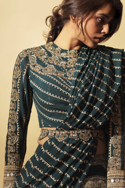 Teal Green and Gold Ambi Circle Print Pleated Saree with Embroidered Nukta Print Blouse & Belt