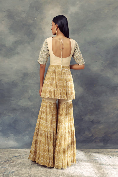 Mustard Yellow & Ivory Moroccan Print Peplum Kurta Sharara Set - BHUMIKA SHARMA