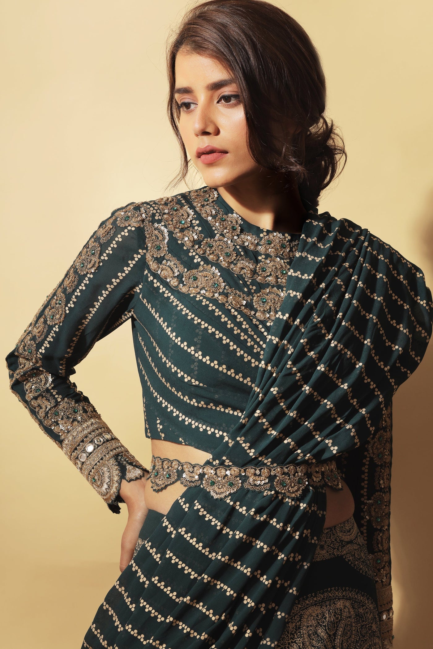Teal Green and Gold Ambi Circle Print Pleated Saree with Embroidered Nukta Print Blouse & Belt
