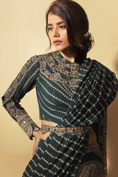 Teal Green and Gold Ambi Circle Print Pleated Saree with Embroidered Nukta Print Blouse & Belt