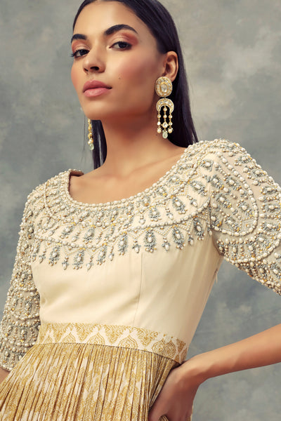 Mustard Yellow & Ivory Moroccan Print Peplum Kurta Sharara Set - BHUMIKA SHARMA
