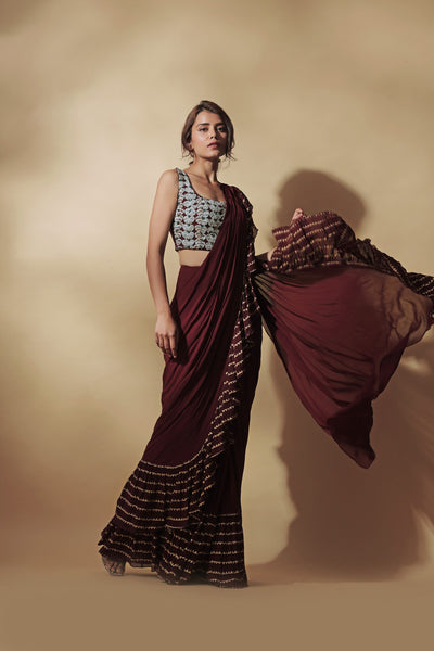 Burgundy Ruffle Saree