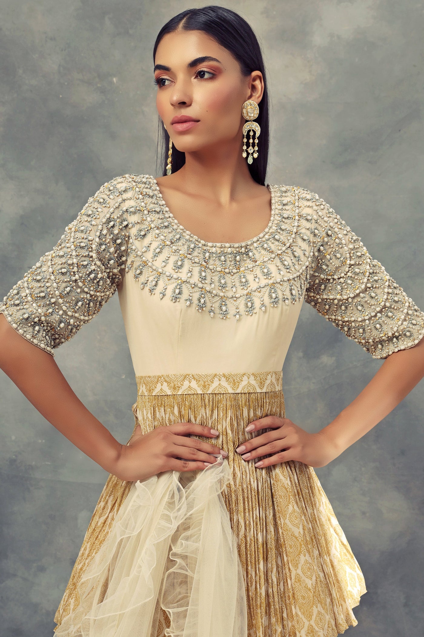 Mustard Yellow & Ivory Moroccan Print Peplum Kurta Sharara Set - BHUMIKA SHARMA