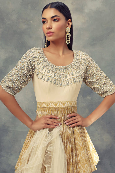 Mustard Yellow & Ivory Moroccan Print Peplum Kurta Sharara Set - BHUMIKA SHARMA