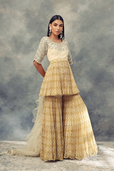 Mustard Yellow & Ivory Moroccan Print Peplum Kurta Sharara Set - BHUMIKA SHARMA