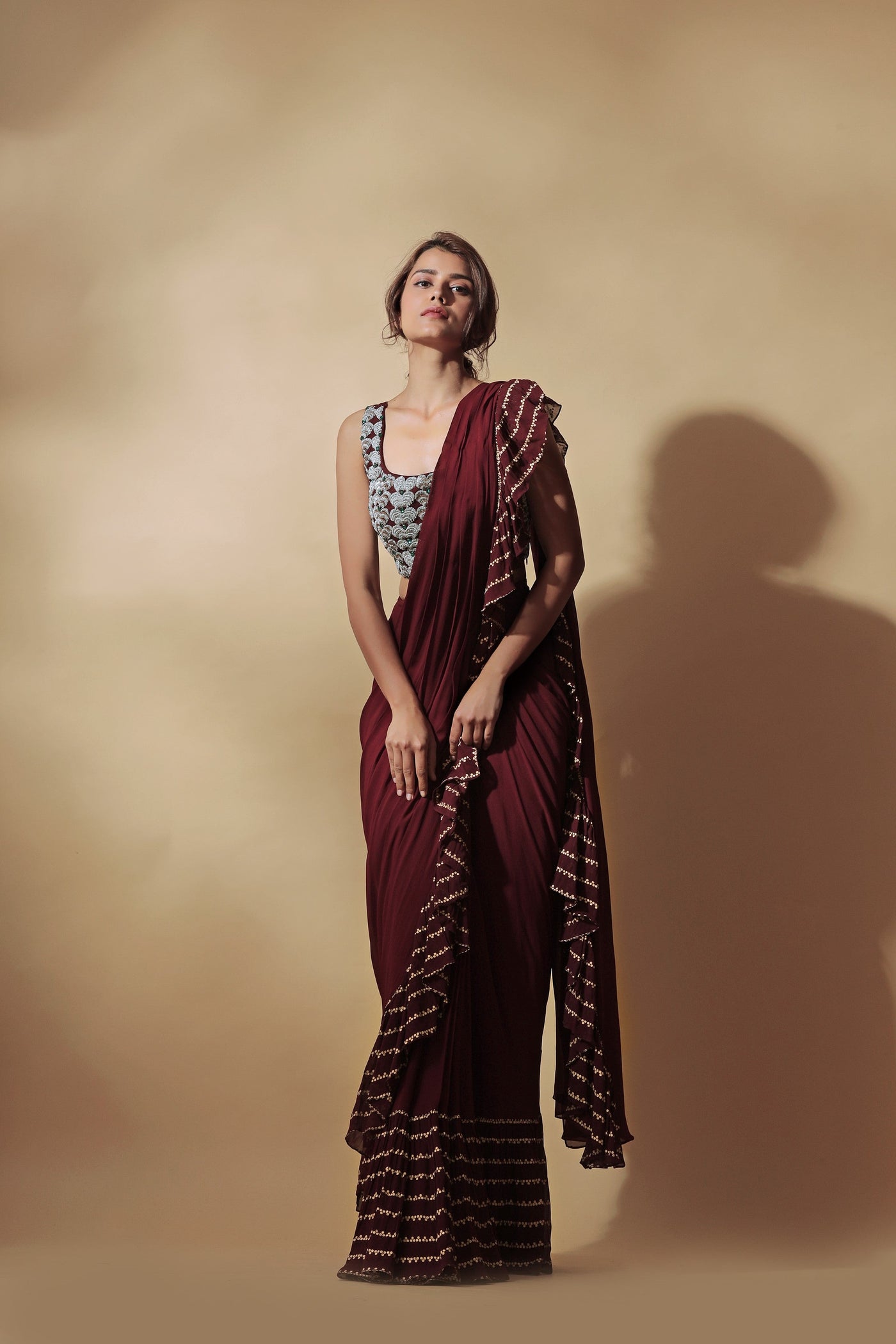 Burgundy Ruffle Saree