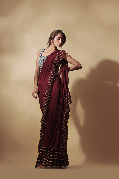 Burgundy Ruffle Saree