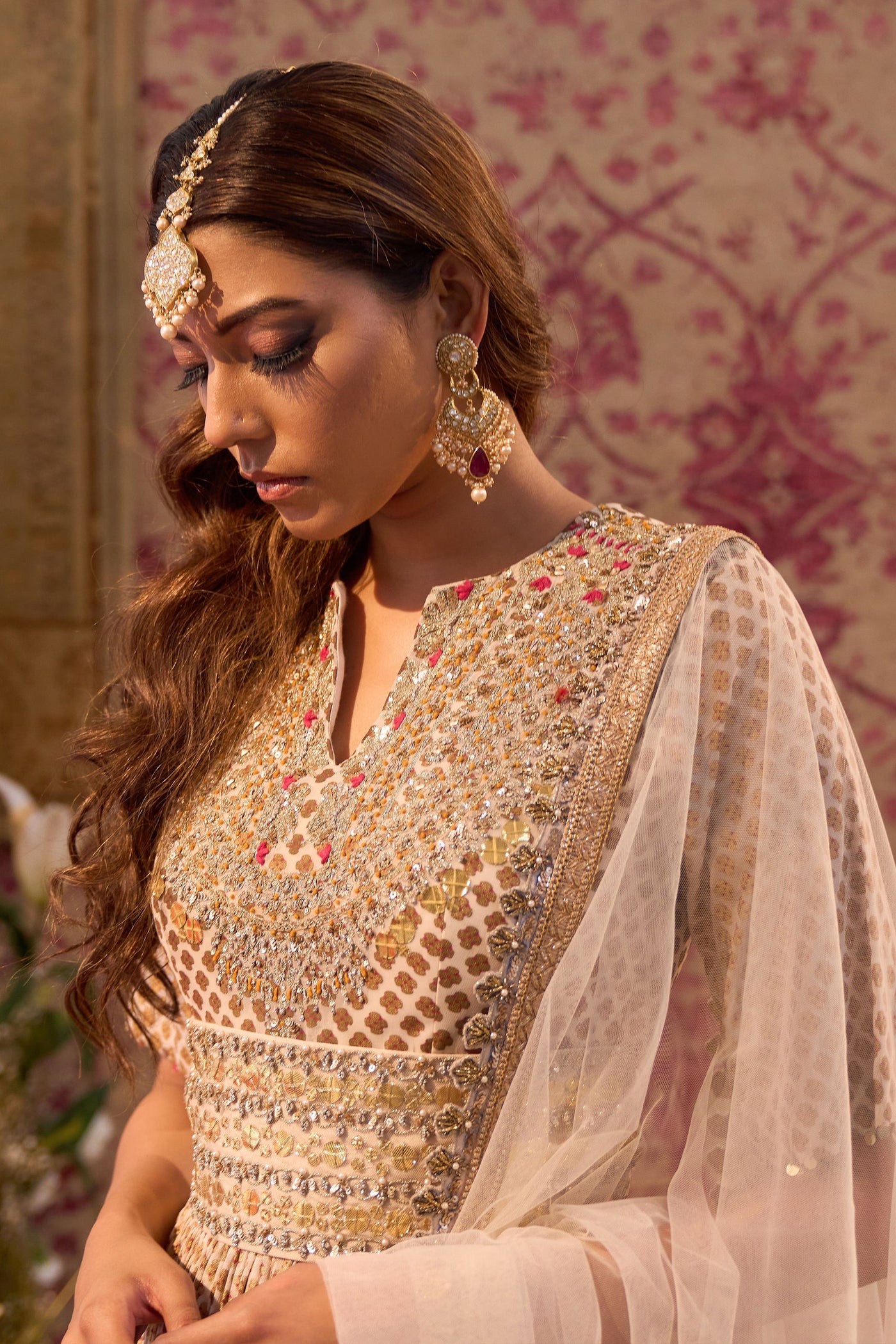 Beige Mogra Print Belted Anarkali