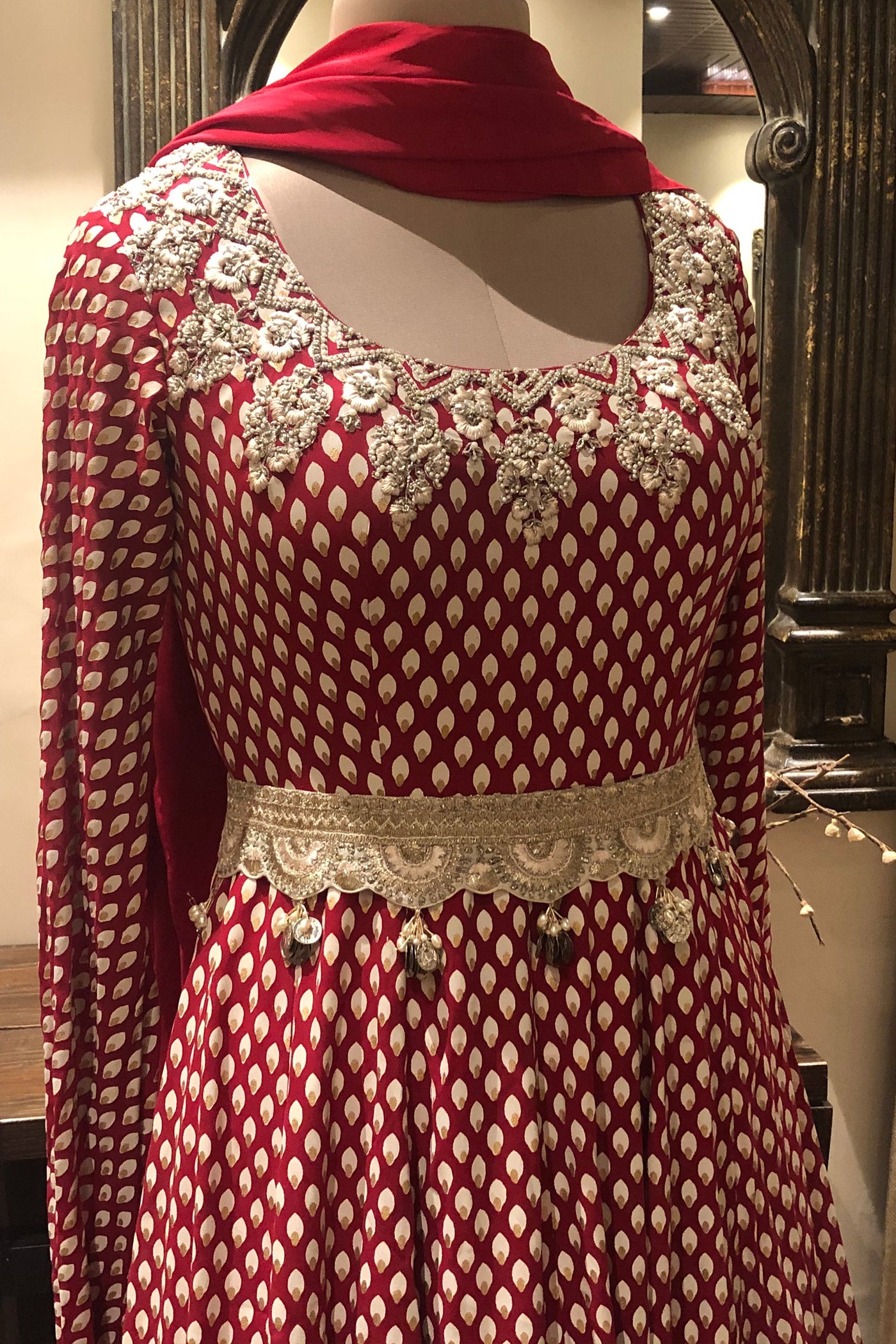 An ivory Bindu Print Anarkali With Dupatta