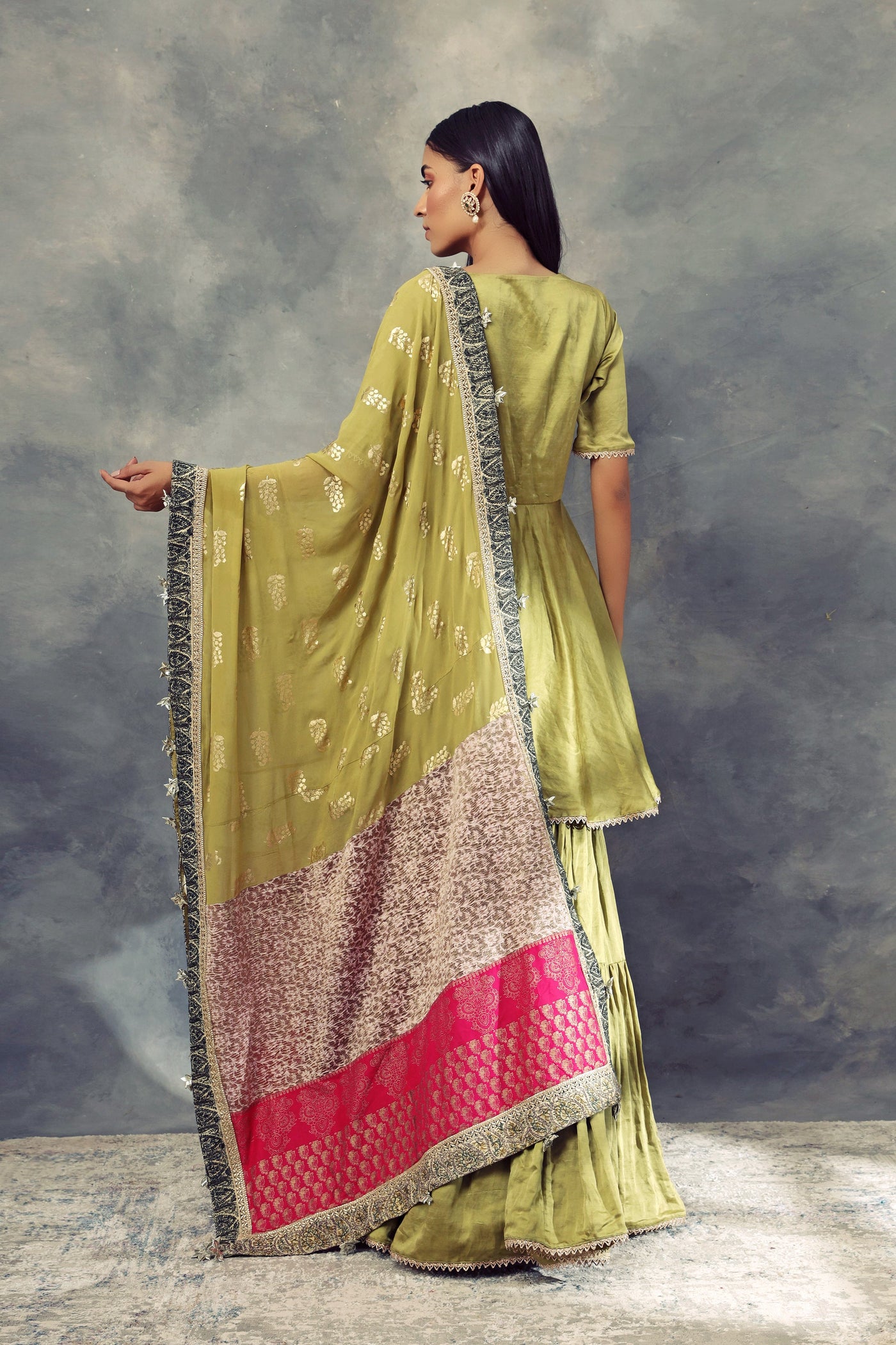Olive Green Kurta & Sharara Set With Ambi Print Odhni - BHUMIKA SHARMA