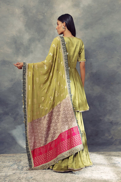 Olive Green Kurta & Sharara Set With Ambi Print Odhni - BHUMIKA SHARMA
