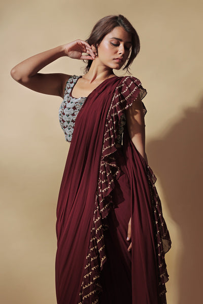 Burgundy Ruffle Saree