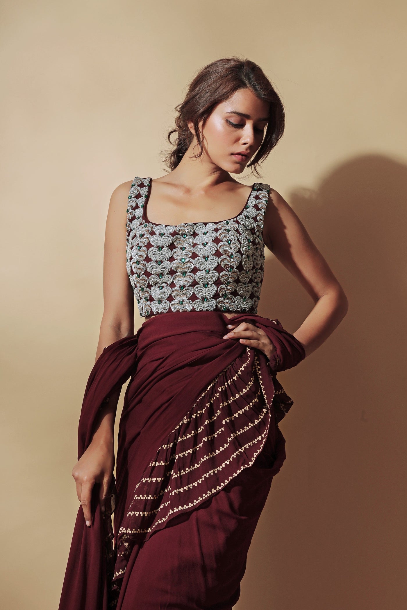 Burgundy Ruffle Saree
