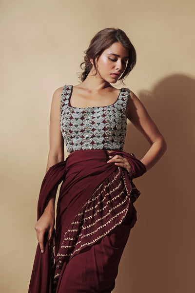 Burgundy Ruffle Saree