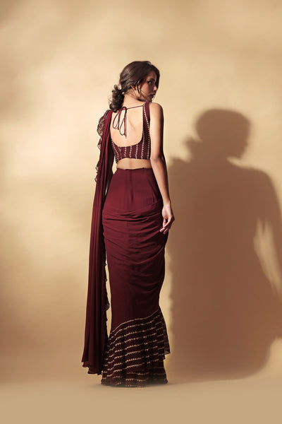 Burgundy Ruffle Saree
