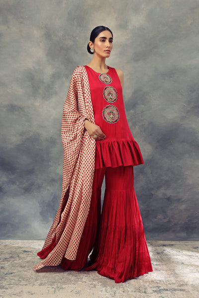 Ruby Red Frill Kurta & Sharara Set - BHUMIKA SHARMA