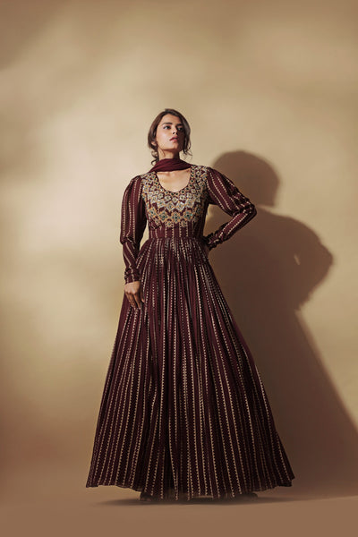 Burgundy Nukta Print Anarkali