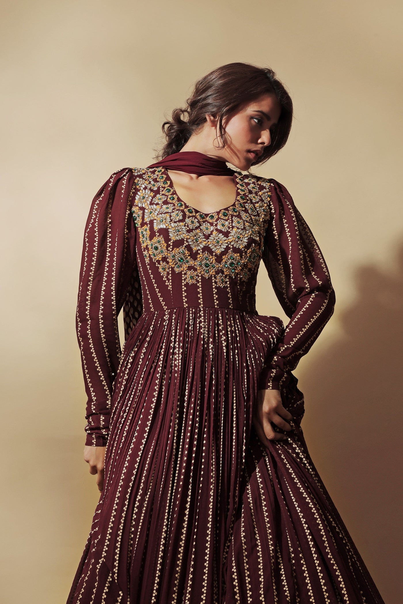 Burgundy Nukta Print Anarkali