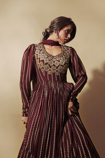 Burgundy Nukta Print Anarkali