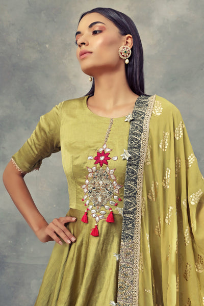 Olive Green Kurta & Sharara Set With Ambi Print Odhni - BHUMIKA SHARMA