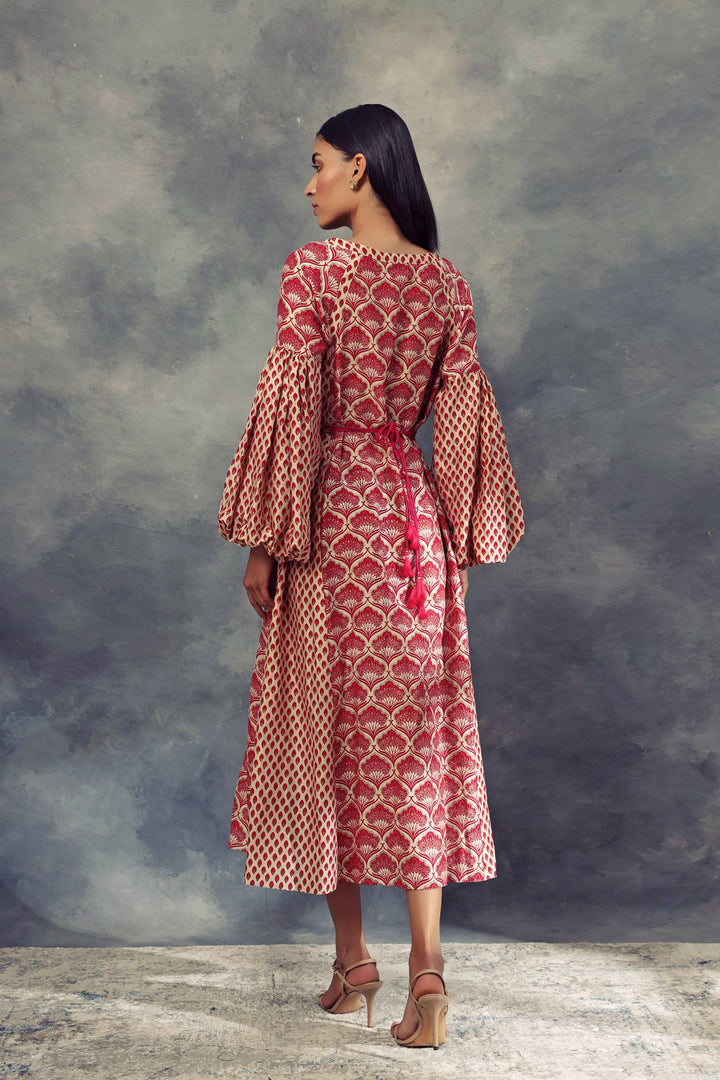 Printed Puff Sleeves Dress With Embroidered Belt - BHUMIKA SHARMA