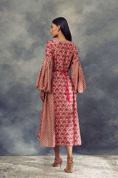 Printed Puff Sleeves Dress With Embroidered Belt - BHUMIKA SHARMA
