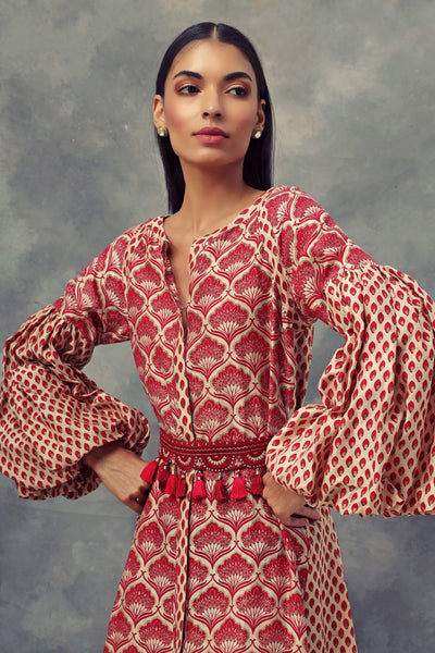 Printed Puff Sleeves Dress With Embroidered Belt - BHUMIKA SHARMA