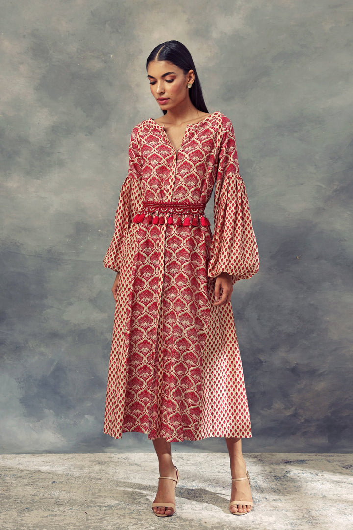 Printed Puff Sleeves Dress With Embroidered Belt - BHUMIKA SHARMA