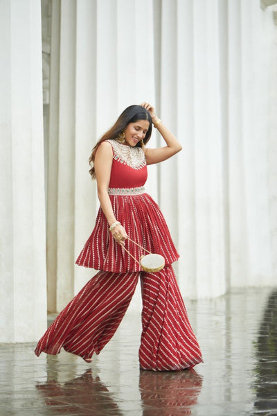Red Nukta Print Peplum Set