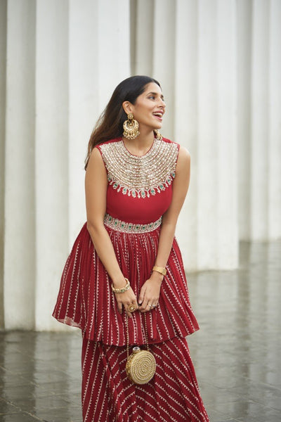 Red Nukta Print Peplum Set
