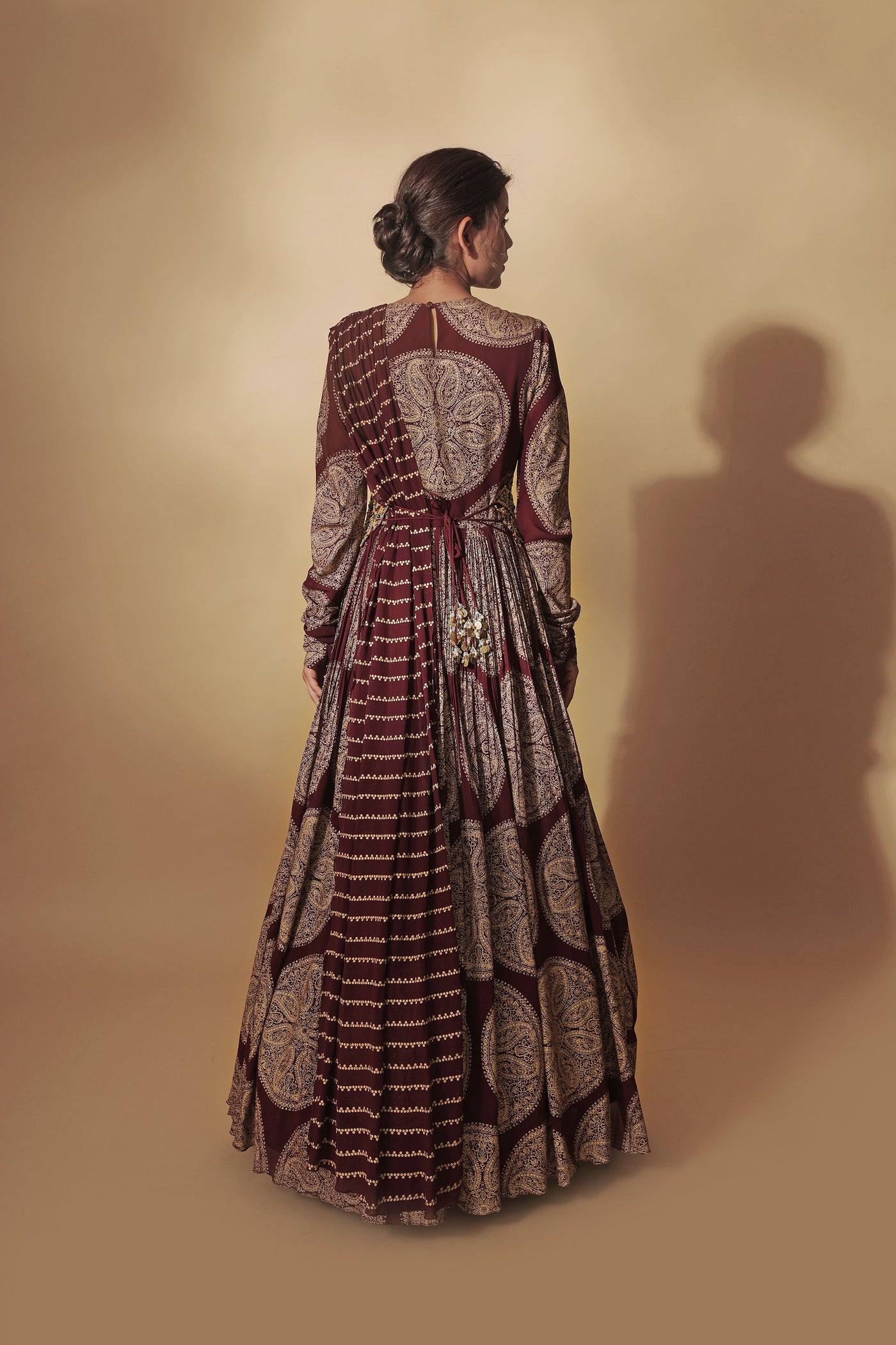 Burgundy Ambi Circle Print Belted Anarkali