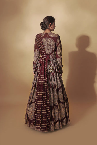 Burgundy Ambi Circle Print Belted Anarkali