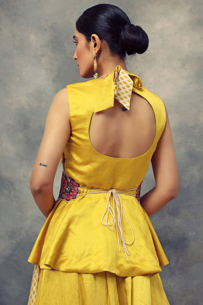 Mustard Yellow Peplum Top & Skirt Set With Knot Dupatta & Embroidered Belt - BHUMIKA SHARMA