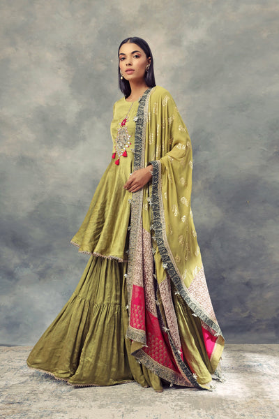Olive Green Kurta & Sharara Set With Ambi Print Odhni - BHUMIKA SHARMA