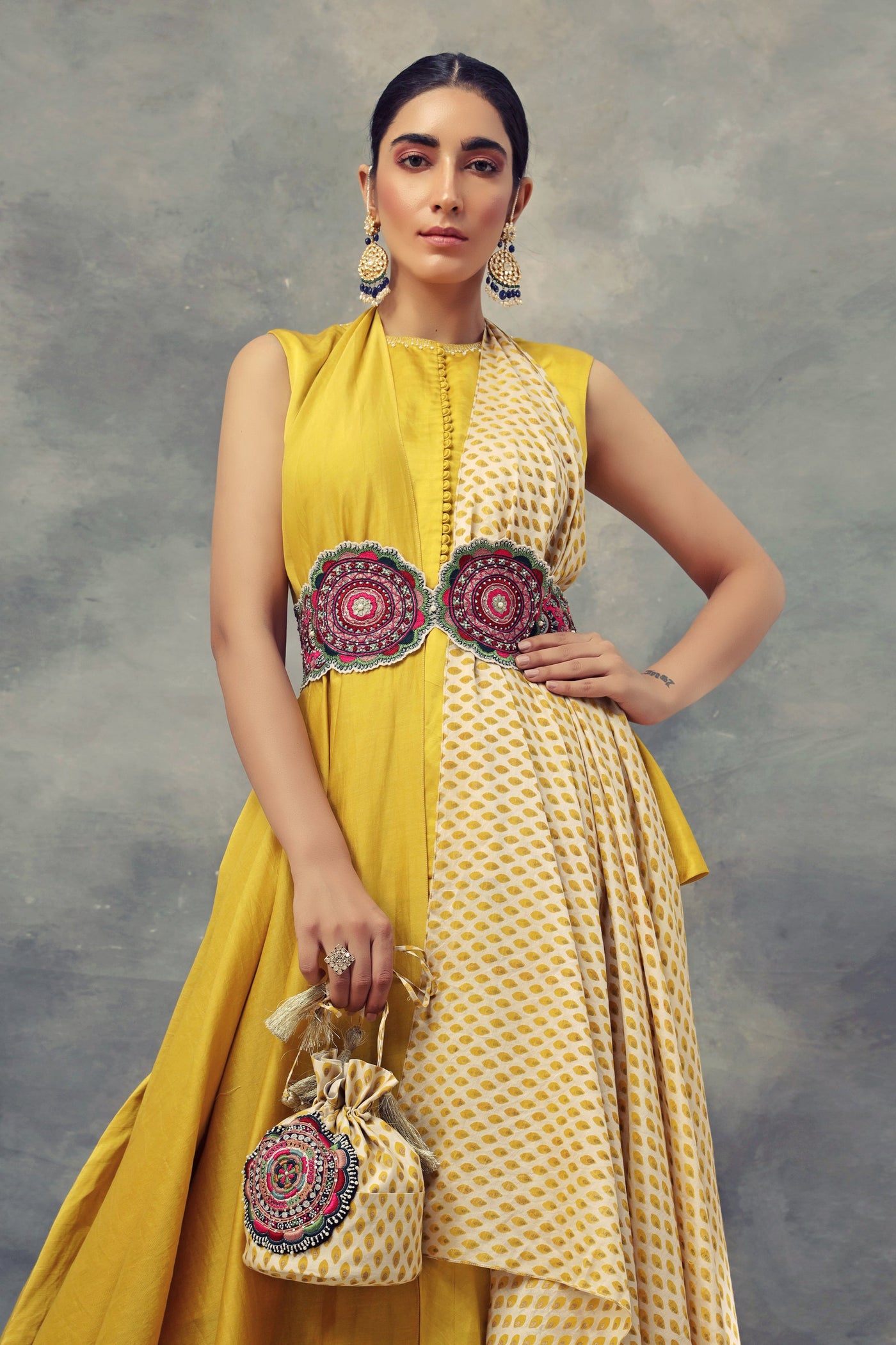Mustard Yellow Peplum Top & Skirt Set With Knot Dupatta & Embroidered Belt - BHUMIKA SHARMA