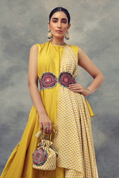 Mustard Yellow Peplum Top & Skirt Set With Knot Dupatta & Embroidered Belt - BHUMIKA SHARMA
