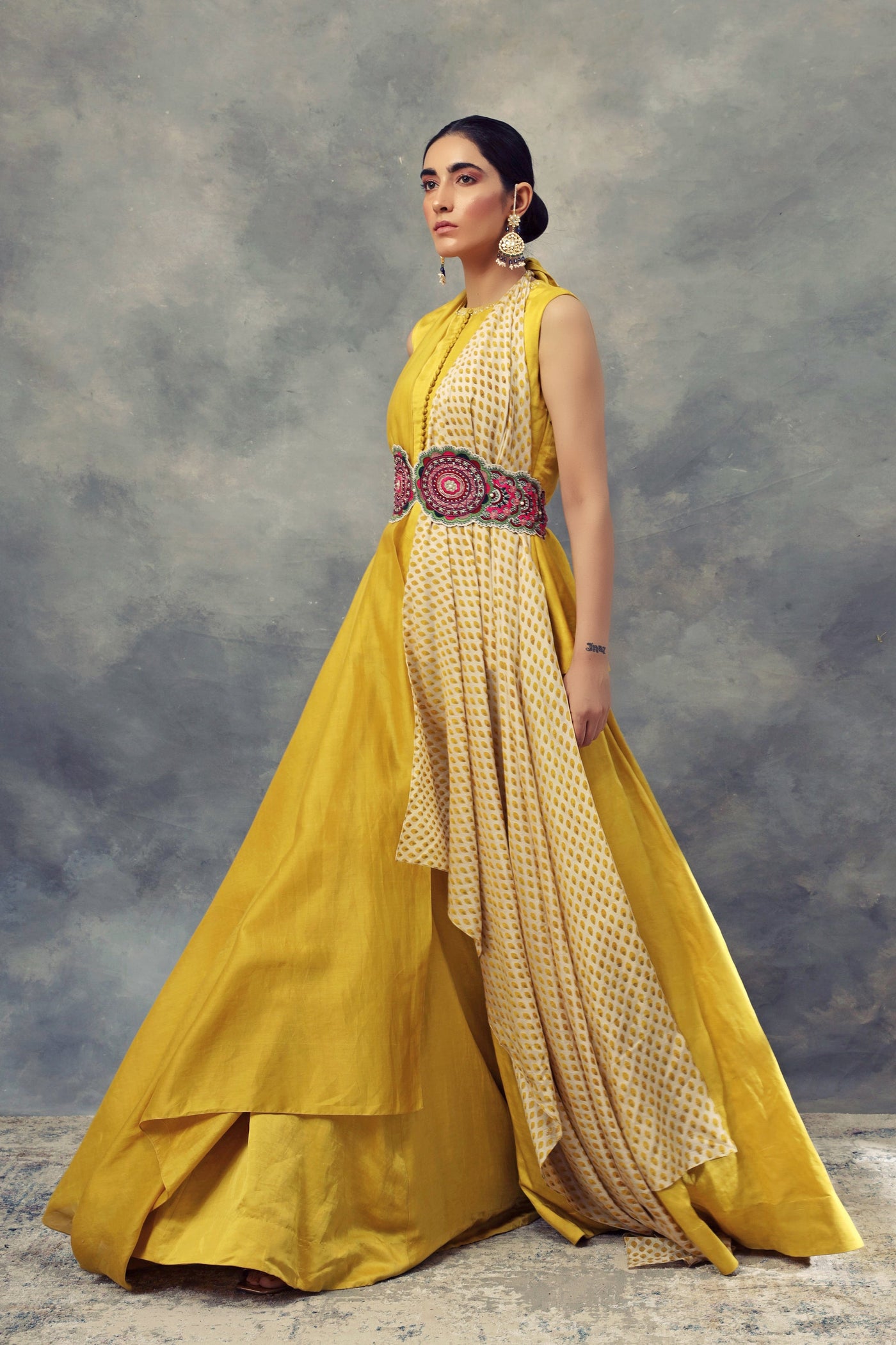 Mustard Yellow Peplum Top & Skirt Set With Knot Dupatta & Embroidered Belt - BHUMIKA SHARMA