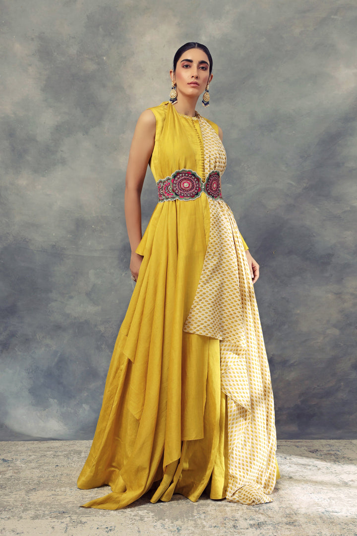 Mustard Yellow Peplum Top & Skirt Set With Knot Dupatta & Embroidered Belt - BHUMIKA SHARMA
