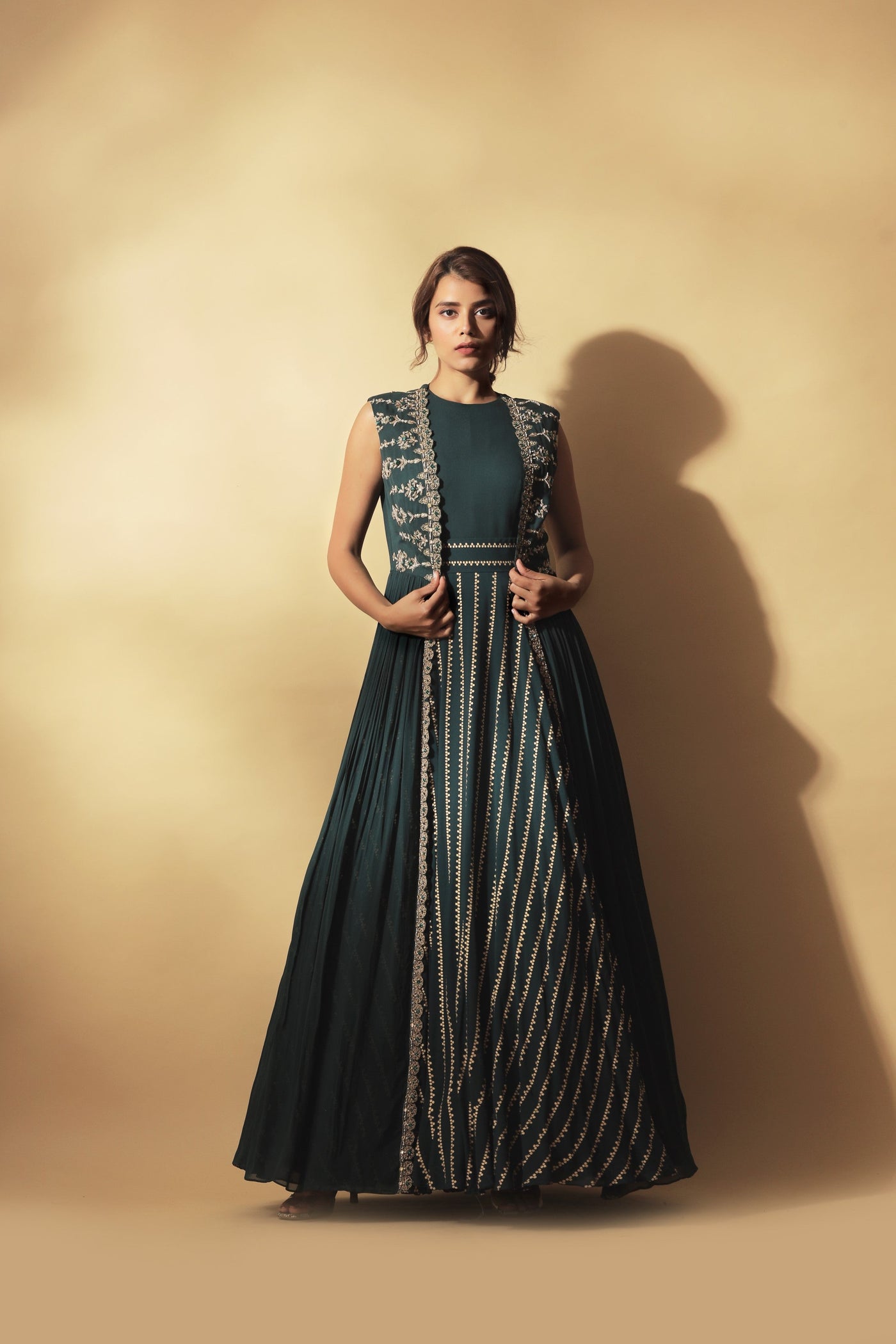 Teal Nukta Print Anarkali & Cape