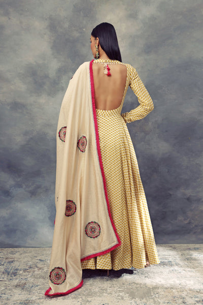 Mustard Yellow Bindu Print Anarkali & Embroidered Dupatta - BHUMIKA SHARMA
