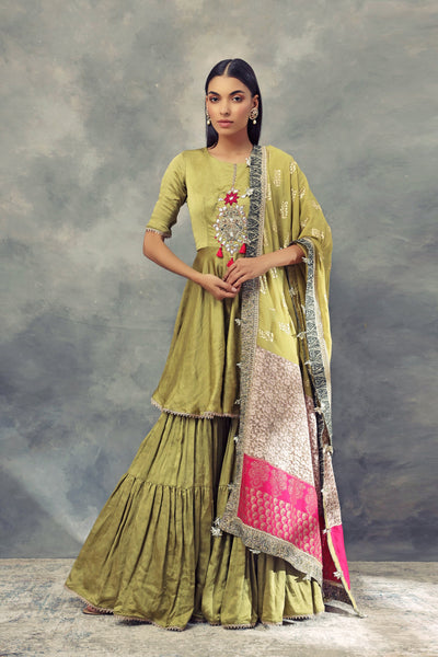 Olive Green Kurta & Sharara Set With Ambi Print Odhni - BHUMIKA SHARMA