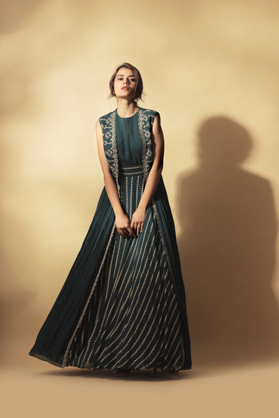 Teal Nukta Print Anarkali & Cape