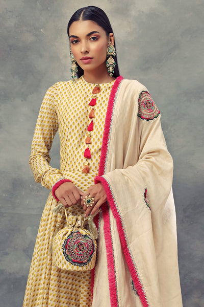 Mustard Yellow Bindu Print Anarkali & Embroidered Dupatta - BHUMIKA SHARMA