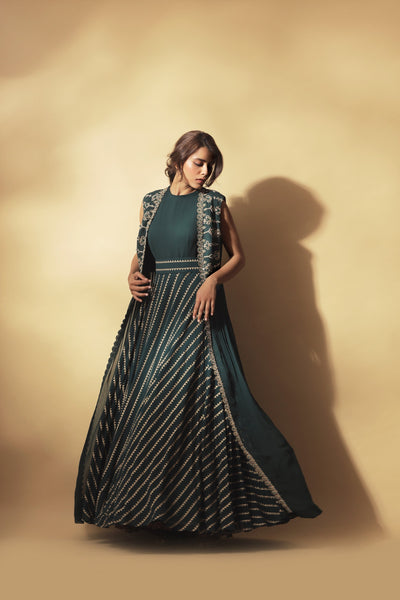 Teal Nukta Print Anarkali & Cape
