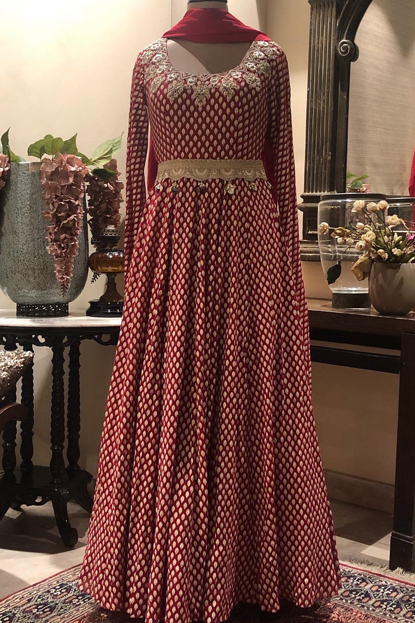 An ivory Bindu Print Anarkali With Dupatta