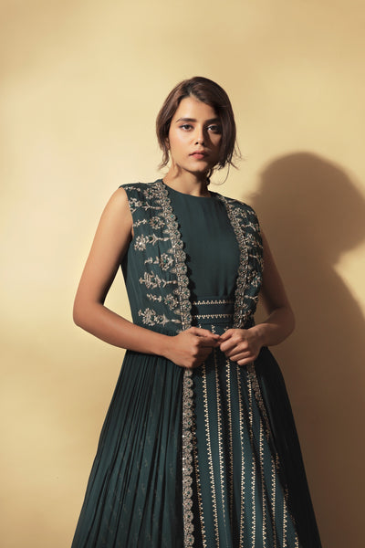 Teal Nukta Print Anarkali & Cape